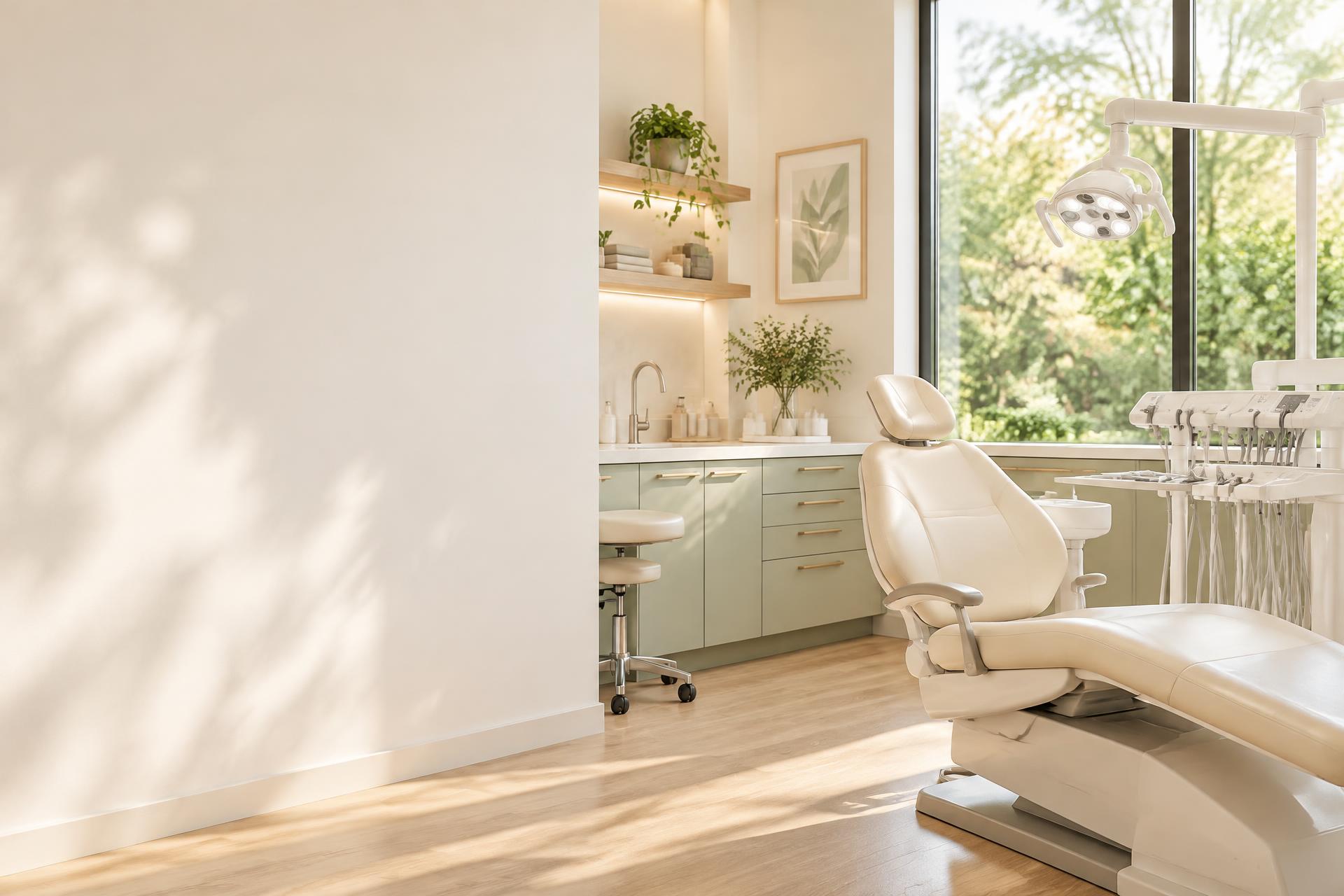 Illustrative modern dental environment with a dental chair and natural light